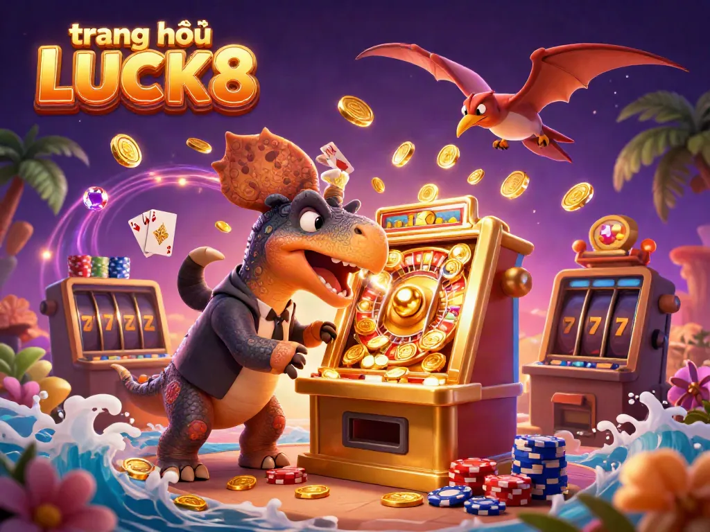 Experience excitement at trang chủ LUCK8 with this dynamic casino scene featuring slot machines and winning coins.