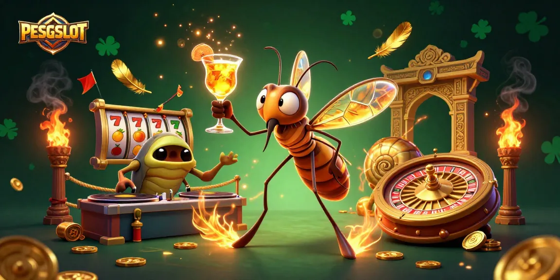 PESGSLOT showcases a vibrant casino scene with a frozen mosquito mascot, trilobite DJ, and golden roulette, captivating gamblers.