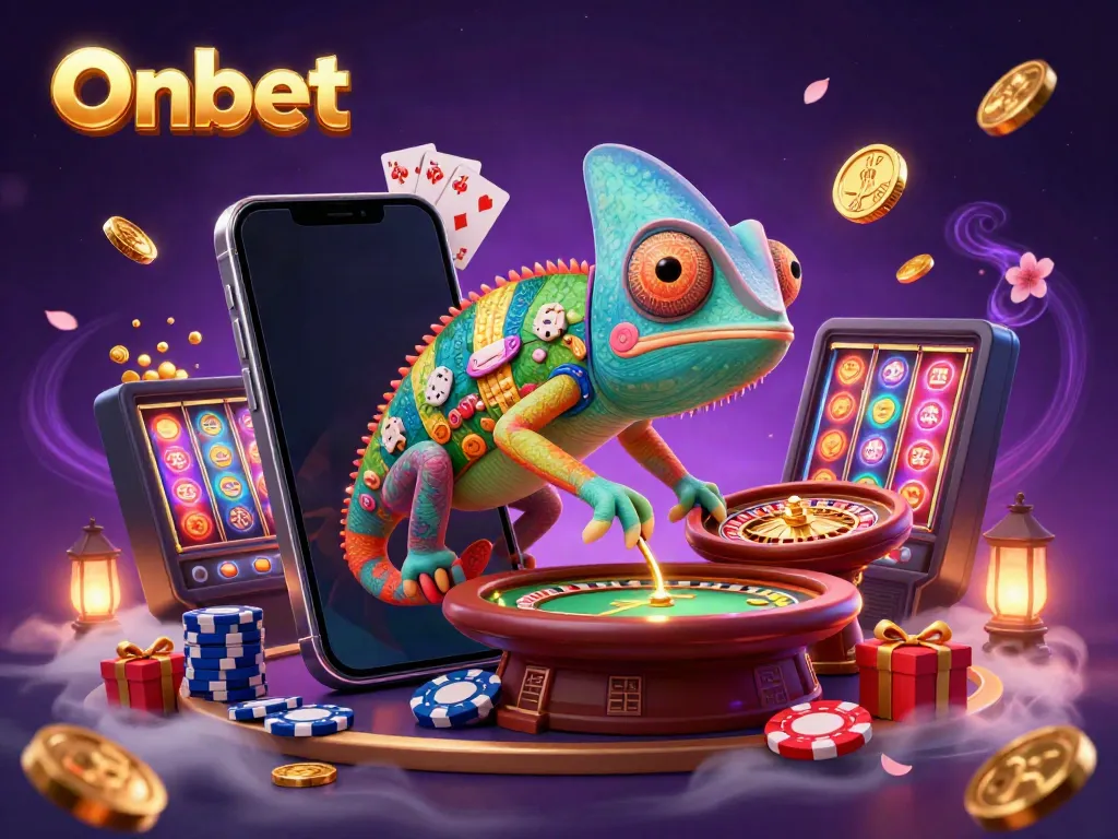 Experience thrilling games at Onbet with a vibrant casino scene featuring a colorful chameleon and dynamic gambling elements.