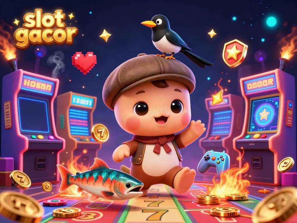 Engage with slot gacor themed adventure featuring cartoon Nessie and friends in playful casino scene.