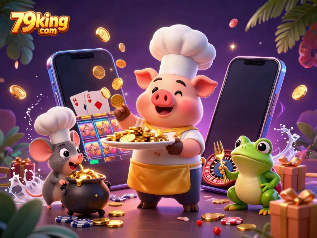 Join the fun at 79king com with a vibrant carnival of gaming characters serving up gold coins and dynamic casino action.