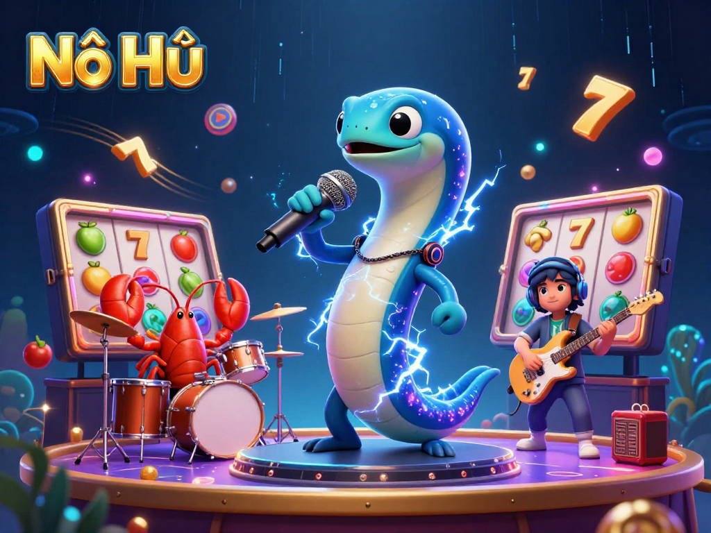 Nổ Hũ gameplay showcasing an electric eel DJ and lively underwater casino atmosphere filled with slot reels and vibrant elements.