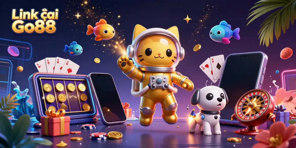 Engage with lively slot action in a dynamic scene featuring Link vào Go88 with a cartoon astronaut cat.