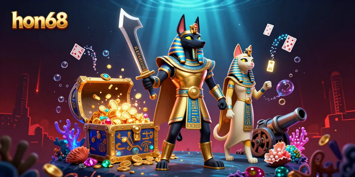Win big with hon68 at an enchanting casino scene featuring Anubis and treasures.