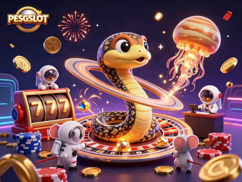 Experience thrilling PESGSLOT action with animated cosmic characters in this vibrant 3D illustration.