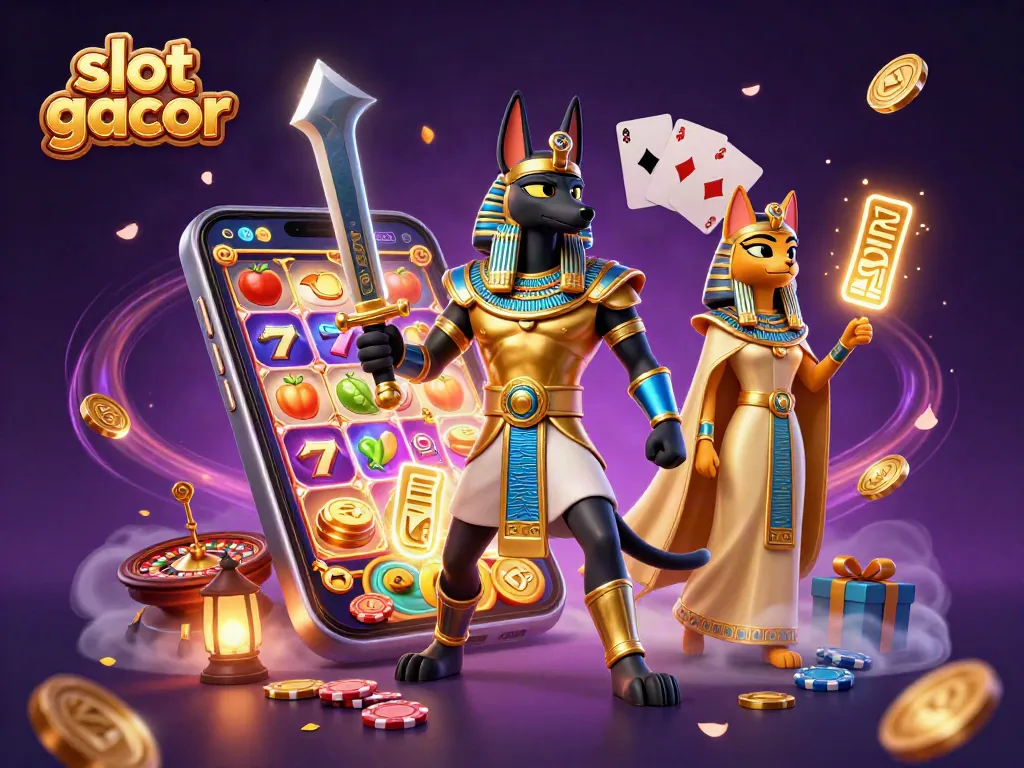 Menangkan slot gacor dengan karakter Anubis dan Bastet dalam ilustrasi 3D penuh warna.