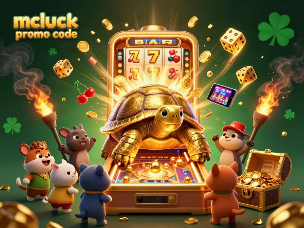 Engage with the exciting mcluck promo code scene featuring a golden tortoise pinball machine and bursting slots.