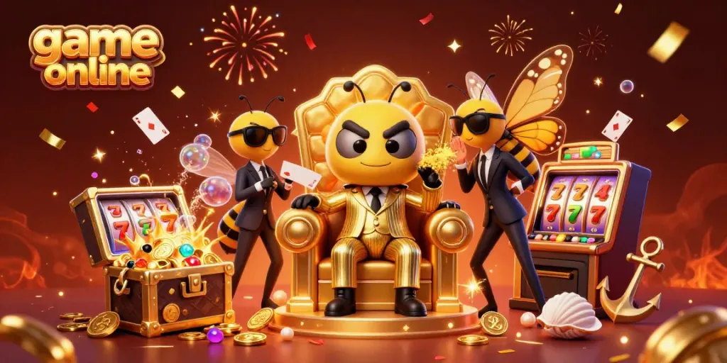 Engage in game online with a vibrant casino-themed illustration featuring characters celebrating winnings and colorful assets.