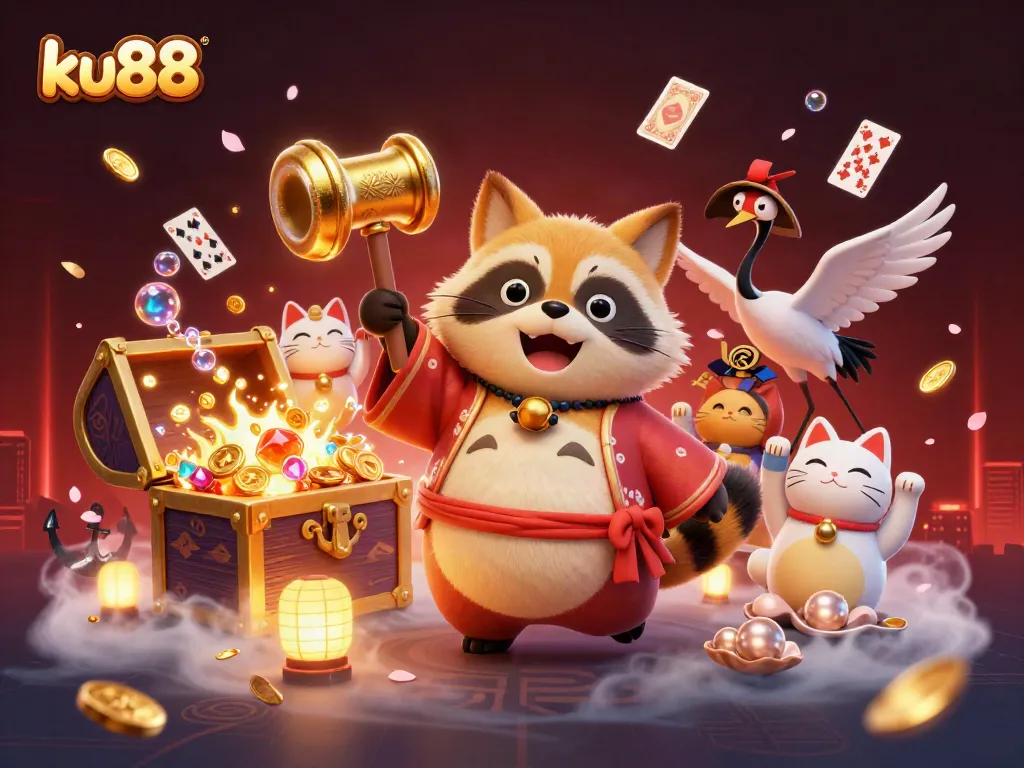 ku88 characters celebrate with wealth and luck in a vibrant 3D gambling landscape