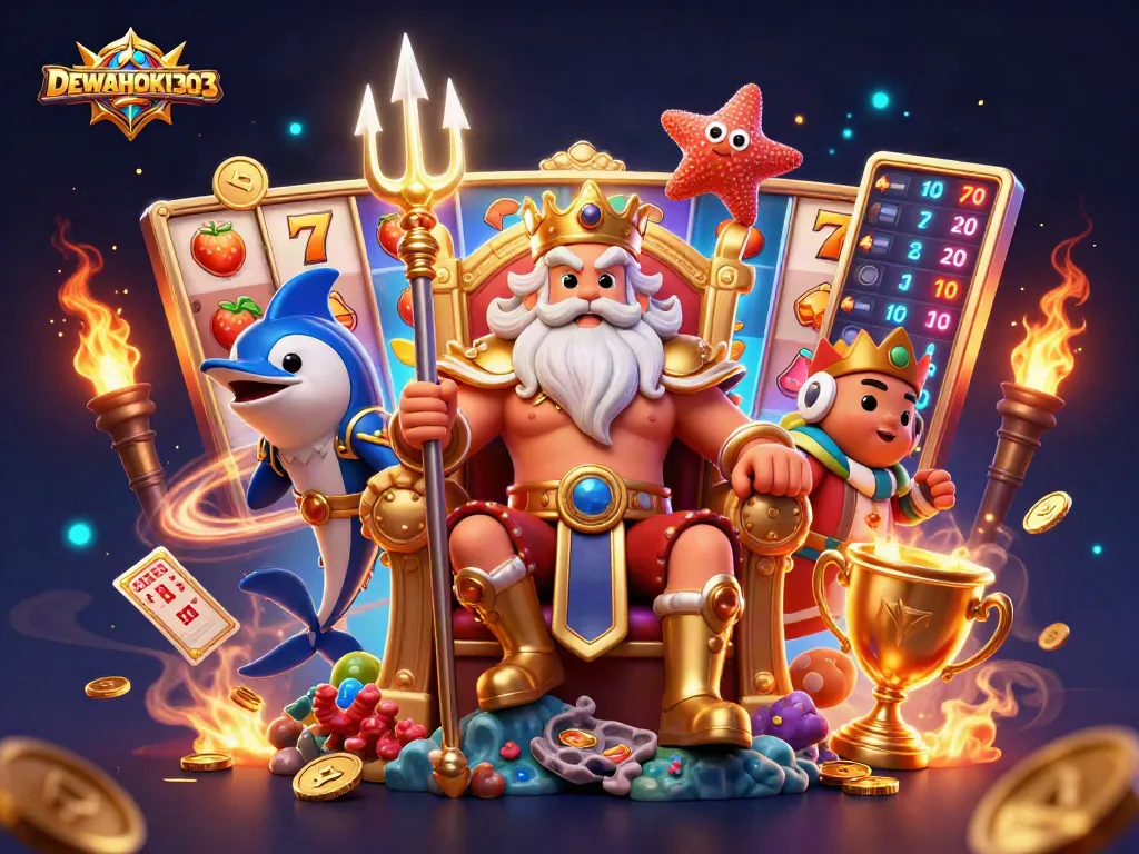 DEWAHOKI303 merayakan permainan slot dengan jackpot, menampilkan karakter nautikal yang magis.