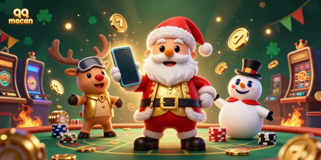Catch big wins with qq macan, featuring an energetic Santa, reindeer dealer, and poker chip snowman.