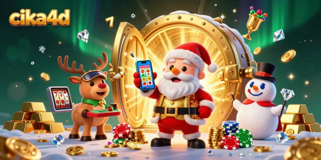 Engage in thrilling gameplay with cika4d, featuring festive characters in a vibrant casino setting.