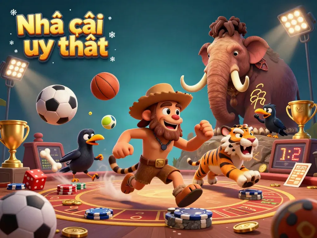 Engage with Nhà cái uy tín in a vibrant 3D casino scene featuring a caveman, sabertooth tiger, and crow.