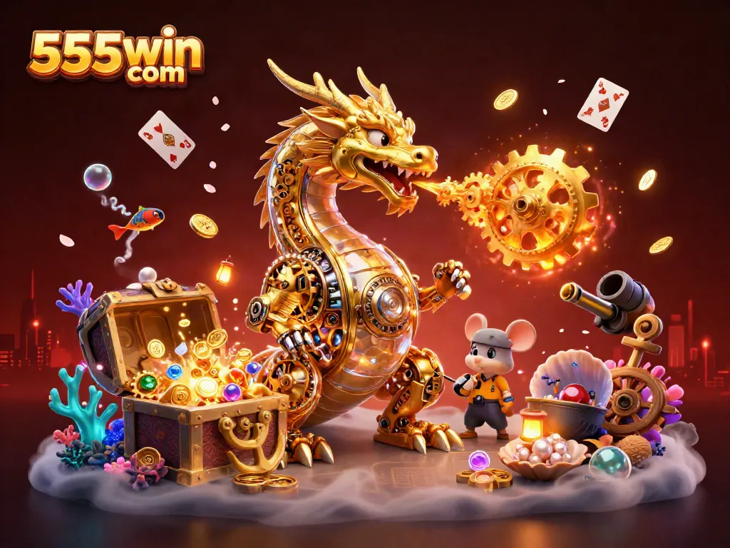Engage in exciting gameplay with 555win com featuring a golden dragon and treasure-themed casino elements