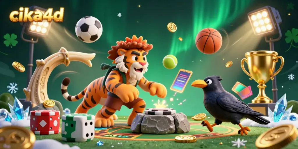 Cika4d showcases a humorous prehistoric casino scene with dynamic sports elements.