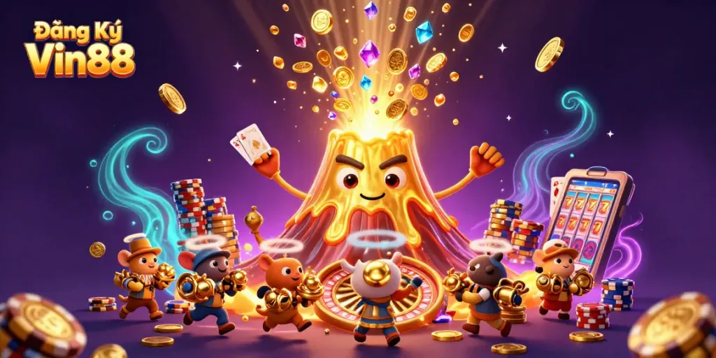 Experience excitement with Đăng Ký Vin88, featuring a vivid eruption of treasure and a dynamic gaming atmosphere.