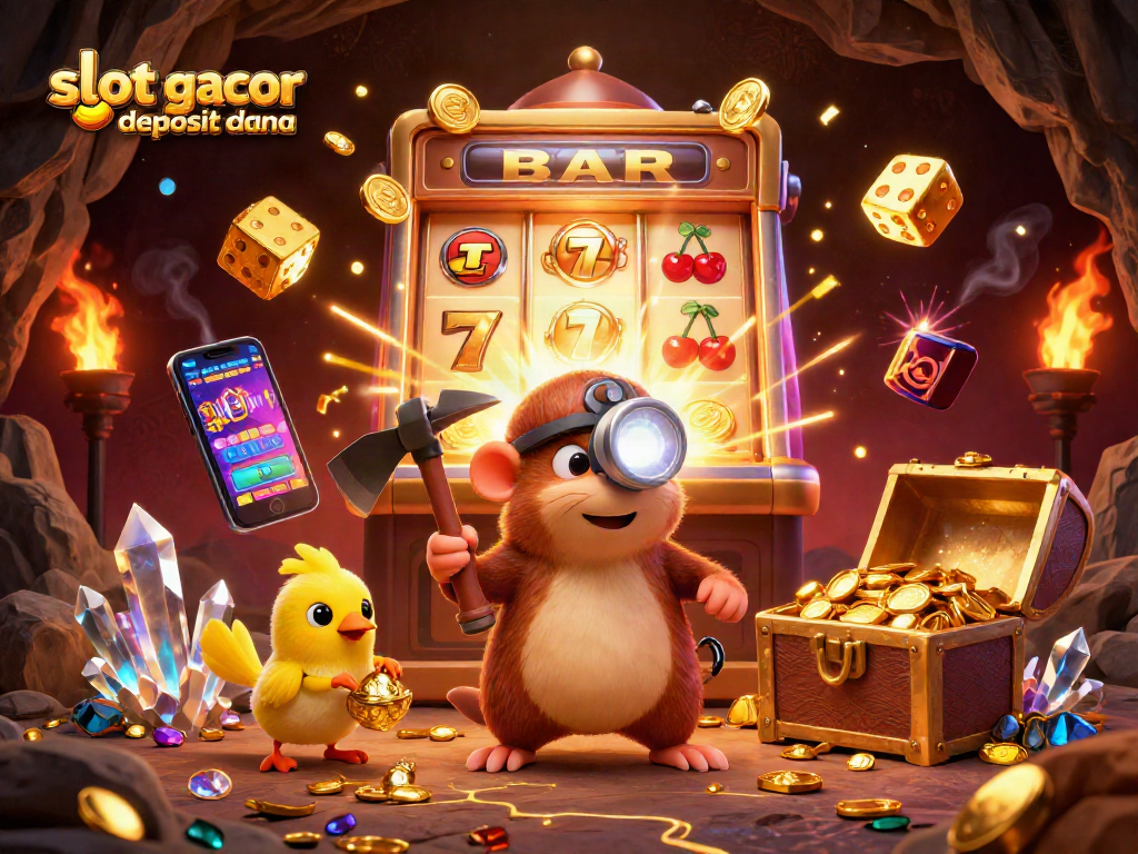Slot gacor deposit dana dan jackpot pecah dalam ilustrasi kasino yang penuh energi.