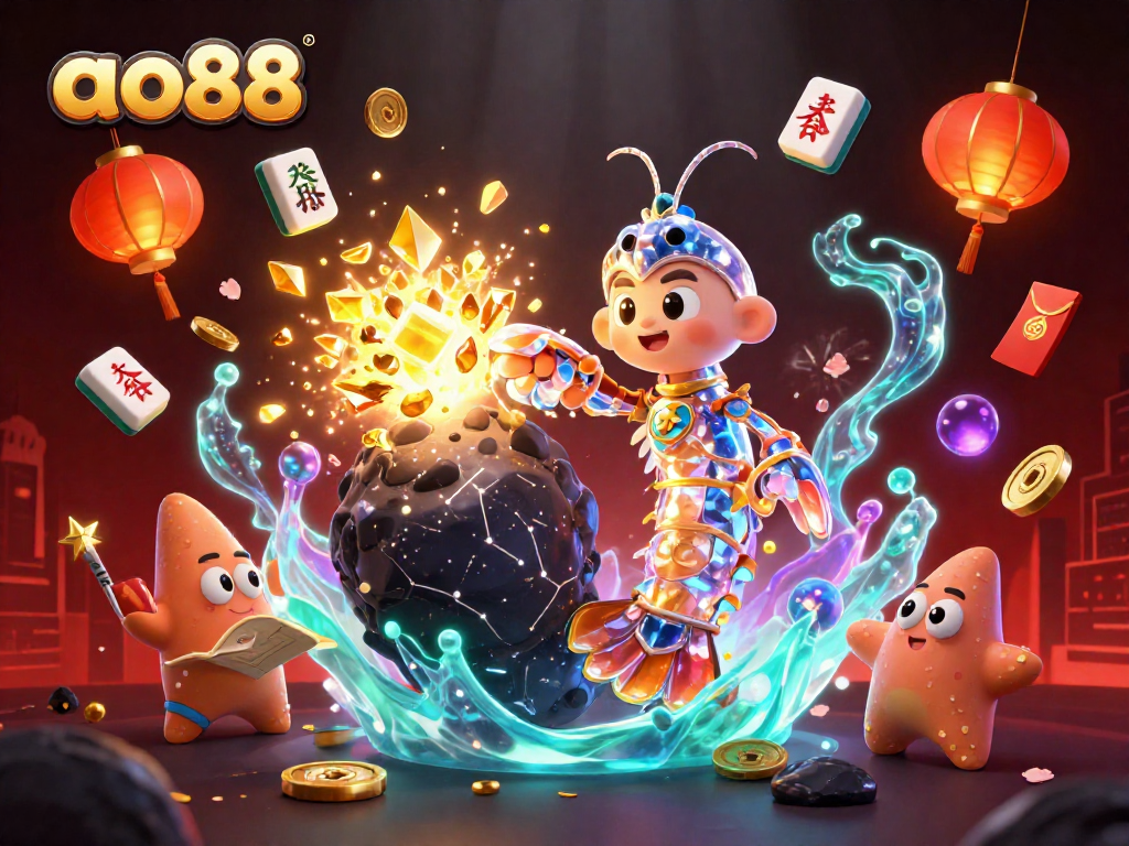 ao88 engages players with vibrant slot themes and golden treasures in a dynamic casino scene.