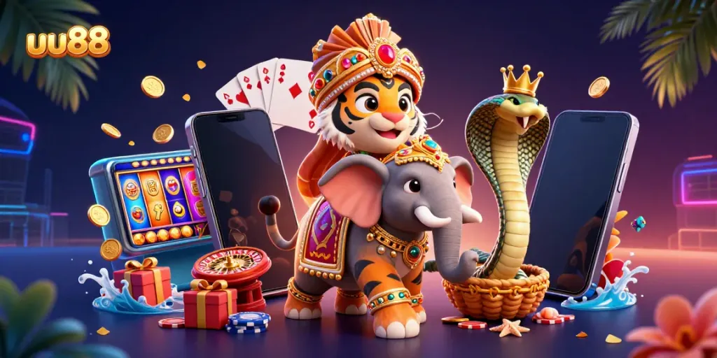 uu88 showcases a vibrant online casino scene with a maharaja tiger, elephant, and gaming elements.
