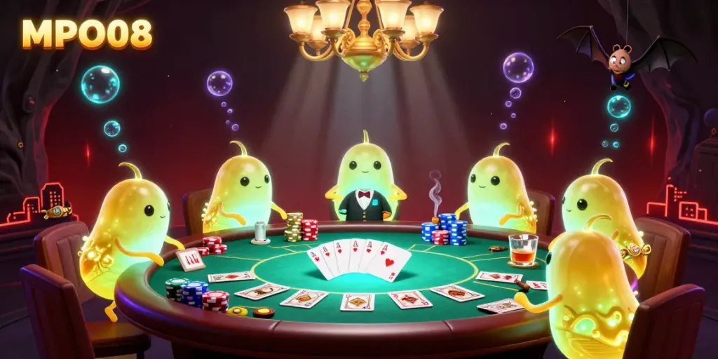 Engage in casino fun with MPO08's enchanting glowworm characters lighting a poker game.