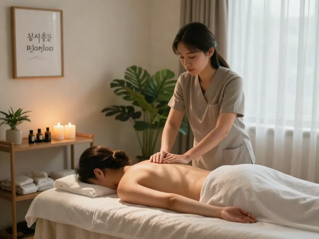Experience relaxing 용산출장마사지 in a serene therapy room with a young professional.