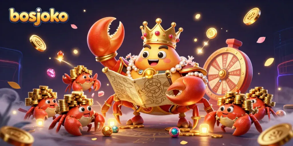 Experience the thrilling lottery action with bosjoko as a golden crab emperor commands treasure, surrounded by glowing game elements.