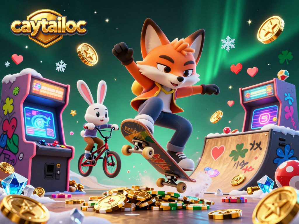 Caytailoc captures a vibrant scene with a skateboarder fox and BMX rabbit in a colorful casino-themed 3D digital illustration.