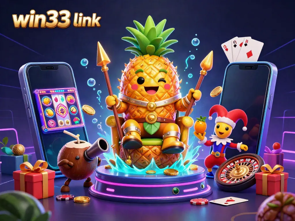 Experience the excitement of win33 link with a vibrant casino scene featuring a pineapple king and games.