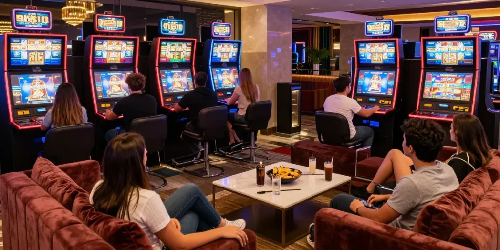 Luxury12 gaming lounge with friends enjoying high-end slot machines and elegant decor.