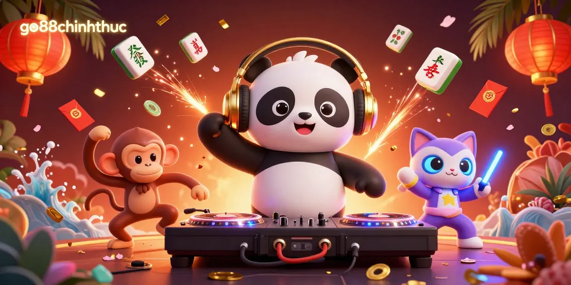 Engage with go88chinhthuc's lively scene featuring a DJ panda, breakdancing monkey, and glow-stick kitten.