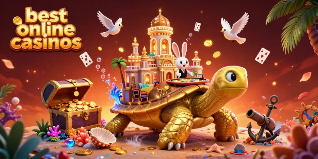 Experience the magic of the best online casinos with a vibrant 3D scene featuring a golden tortoise casino.