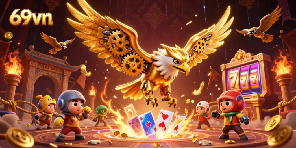 A cartoon cybernetic eagle flies through a dynamic casino scene filled with cards, coins, and golden elements representing 69vn.